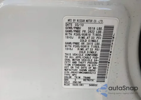 2010 Infiniti Fx35 z USA, uszkodzony, nr VIN JN8AS1MW3AM855213